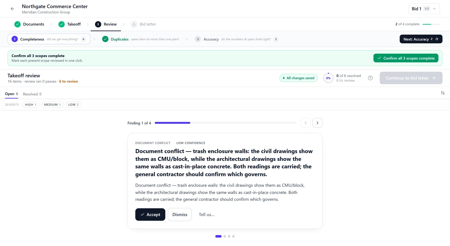 ConcreteIQ review screen with a document-conflict card