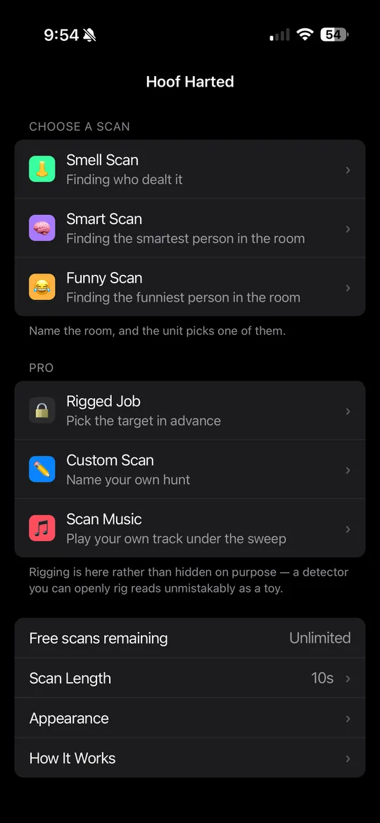 Hoof Harted home screen with the scan list